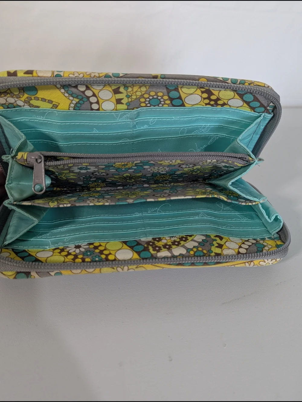 Vera Bradley Zip Around Wallet Paisley Floral Quilted Cotton Gray Yellow Blue
